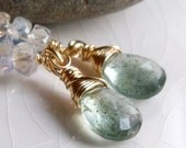 Spring fashion - Blue gray moss aquamarine moonstone dangle earrings - March birthstone - wire wrapped gold filled gemstone jewelry
