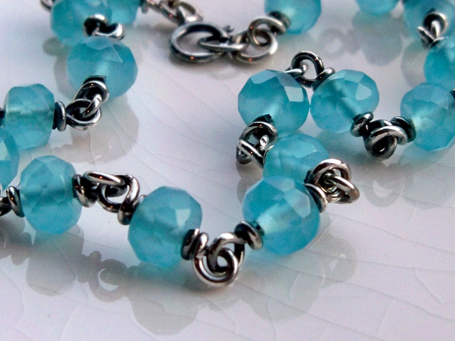 Sterling silver and faceted ice blue glass chain bracelet - Easter pastel blue Spring fashion - Handmade wire wrapped jewelry
