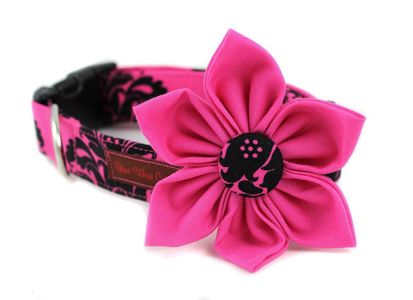 Hot Pink Dog Collar and Flower Set - Hot Pink Damask - Made to Order in Your Choice of Size