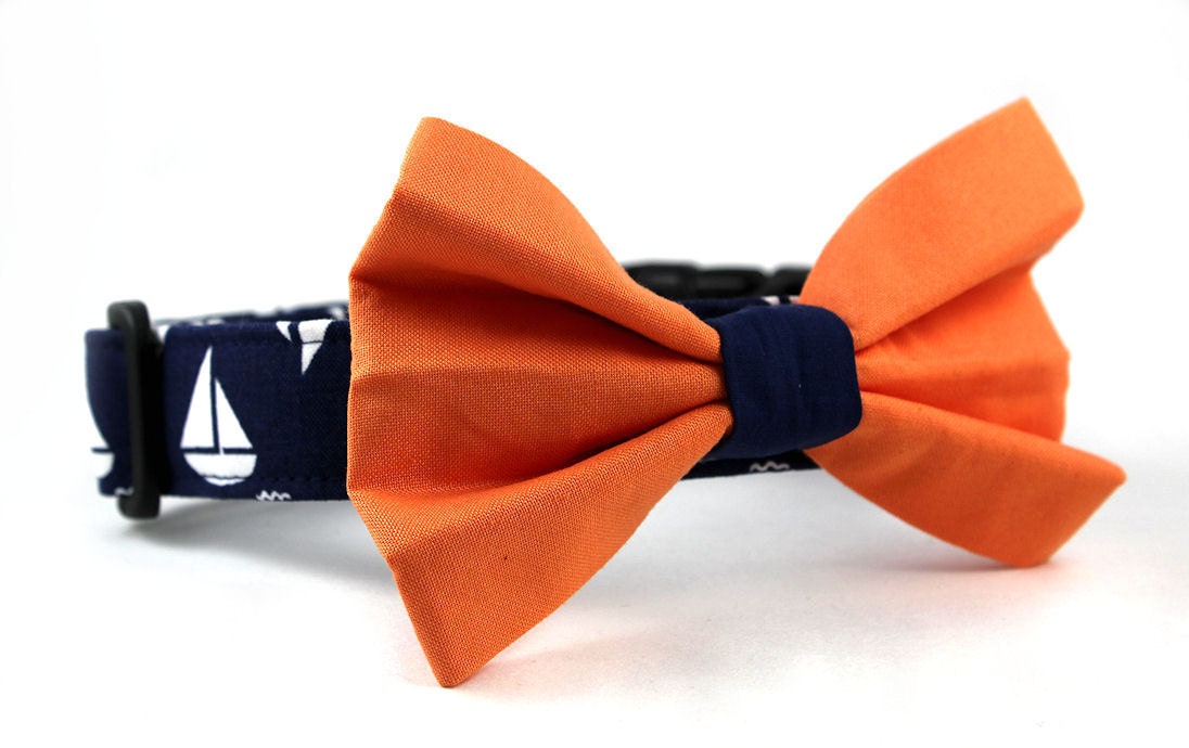 Nautical Navy Blue Dog Bowtie Collar Set...Sailboats in Orange......Made to Order in Your Choice of Size