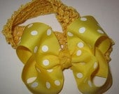 Baby Girls Hair Bow Yellow Polka Dot Puffy Loop 3.5 inch Bowband Headband Included