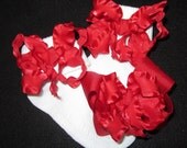 Double Ruffle Socks and Hair Bow Set - Red Matching Hairbow and Sox Color for Baby Toddler and Little Girl