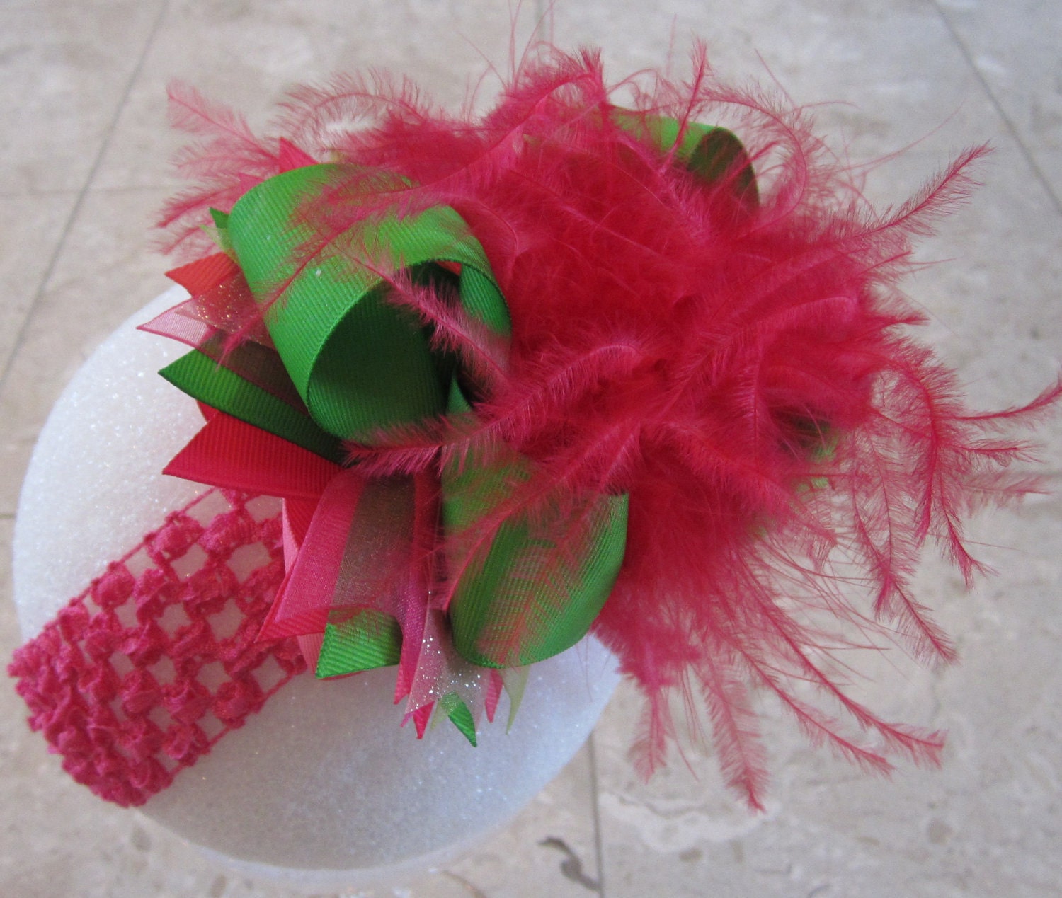 Shocking Hot Pink and Lime Over the Top Ostrich Feather Hair Bow Boutique Pageant Party Hairbow Large Feathers Matching Headband Included