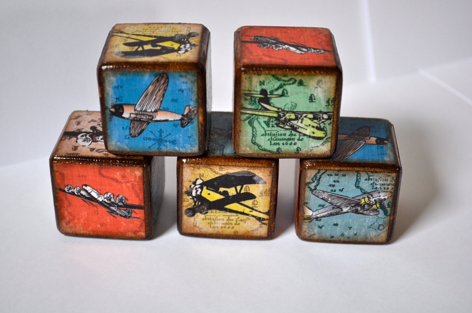 Room Decor Blocks - Vintage Airplane Childrens Blocks - Set of 5 Childrens Blocks - By You're It Kids