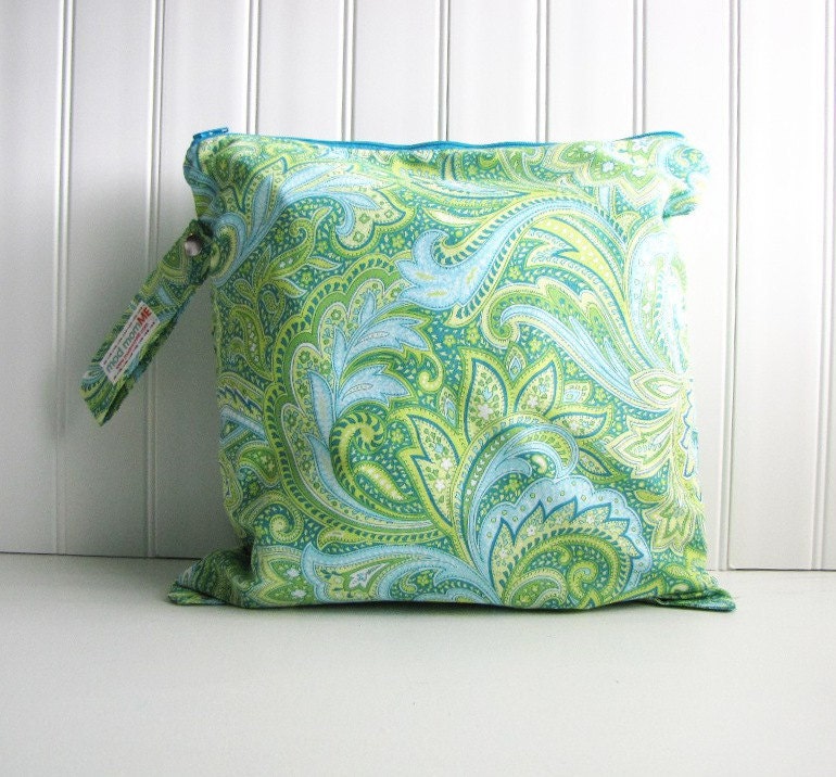 Wet Bag - Turquoise and Green Paisley - Waterproof - Eco Friendly - Reusable - Made to Order