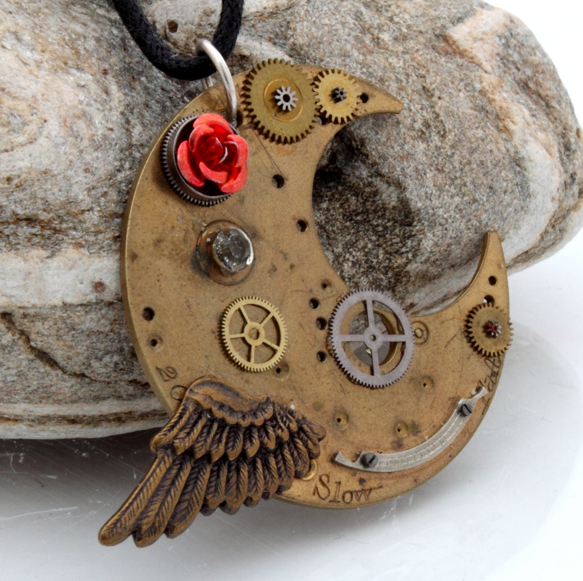 Steampunk Crescent Moon pendant with antique watch parts, red rose cabochon and wing charm OOAK