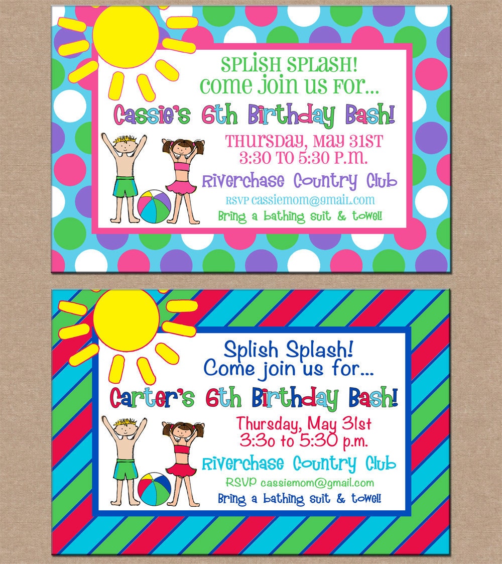 12 Personalized Printed Boy or Girl Pool Party Swimming Swim Sunshine Birthday Invitations with envelopes