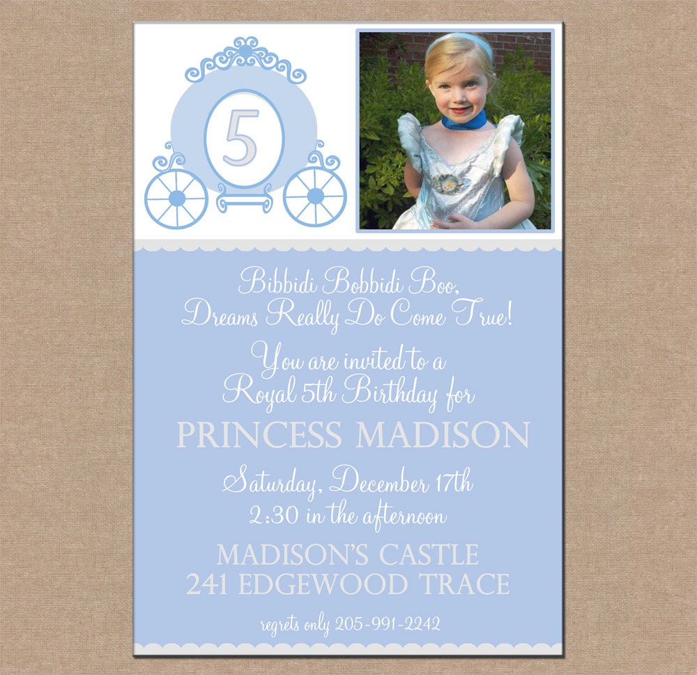 12 Personalized and Printed Girl Princess Blue Carriage Party Birthday Photo Invitations with envelopes