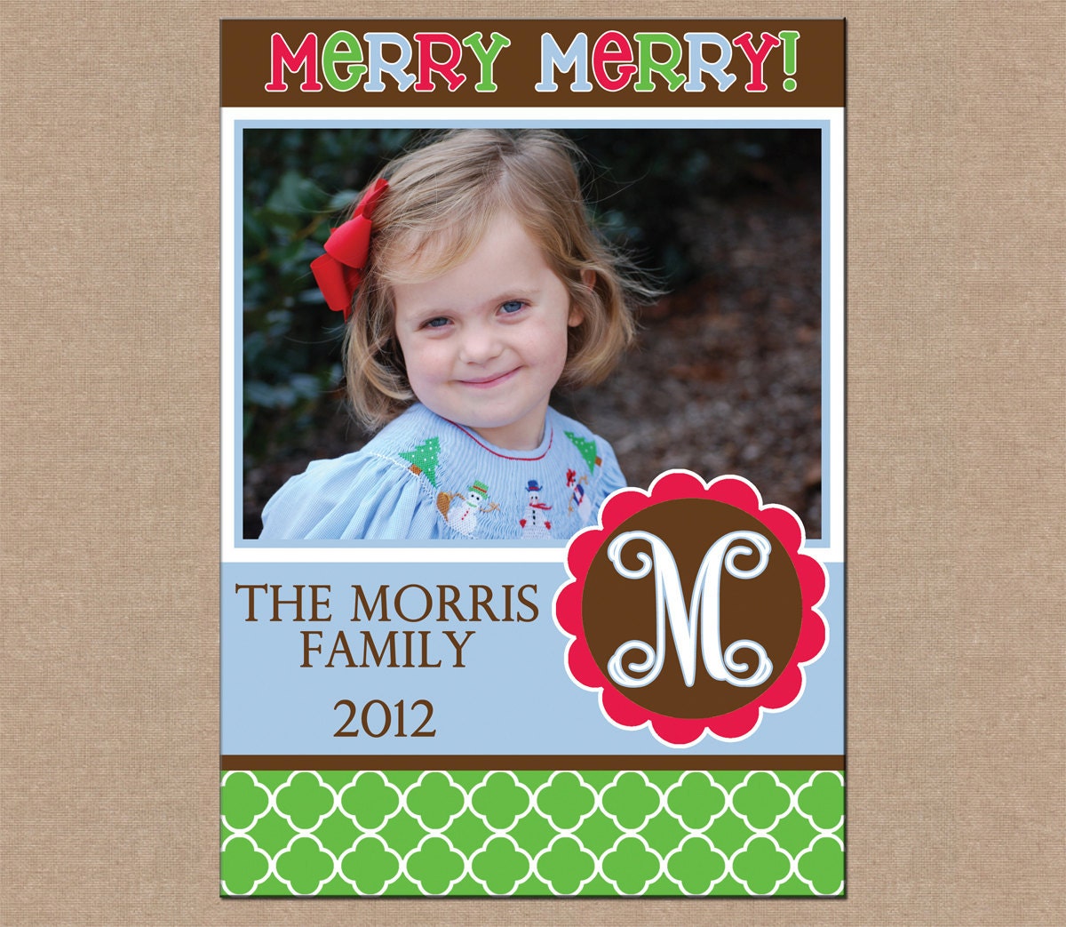 12 Personalized Printed Christmas Holiday Photo Cards with envelopes - monogram one photo vertical layout