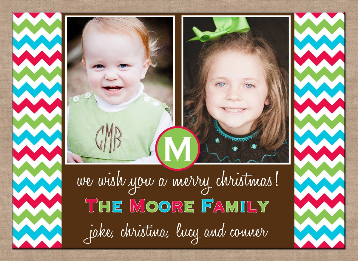12 Personalized Printed Christmas Holiday Photo Cards with envelopes - monogram multi color chevron two photos horizontal layout