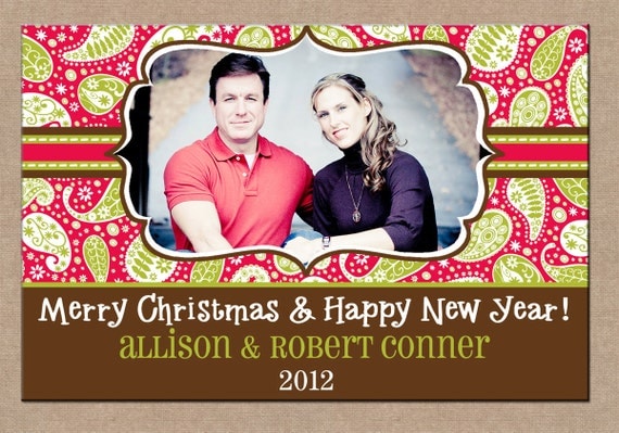 12 Personalized Printed Christmas Holiday Photo Cards with envelopes - paisley print one photo horizontal layout