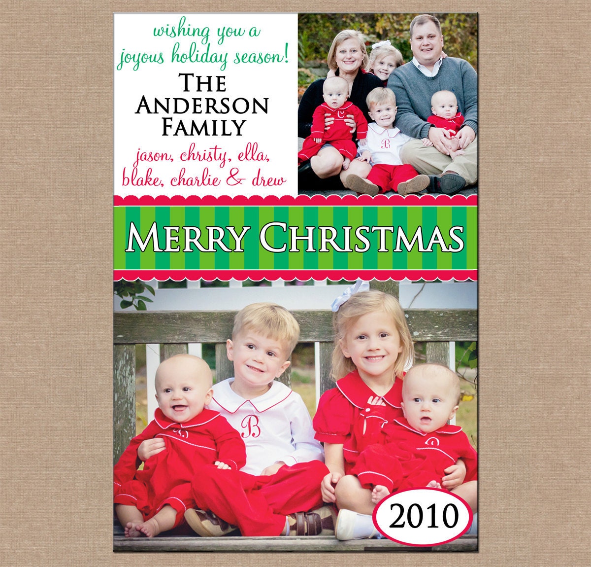 12 Personalized Printed Christmas Holiday Photo Cards with envelopes - two photos vertical layout