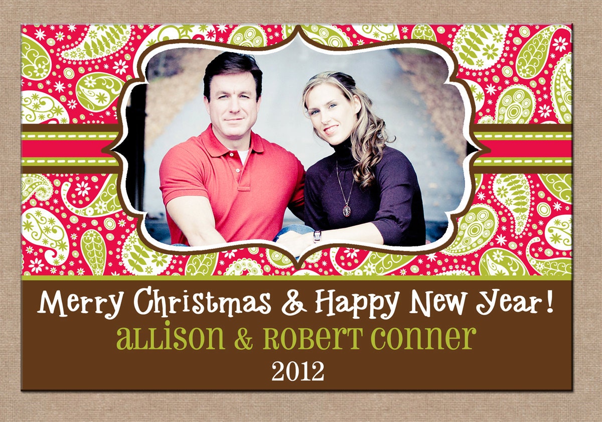12 Personalized Printed Christmas Holiday Photo Cards with envelopes - paisley print one photo horizontal layout