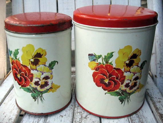 Vintage metal kitchen canisters with pansies, farmhouse kitchen style, 1950's