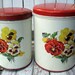 Vintage metal kitchen canisters with pansies, farmhouse kitchen style, 1950's