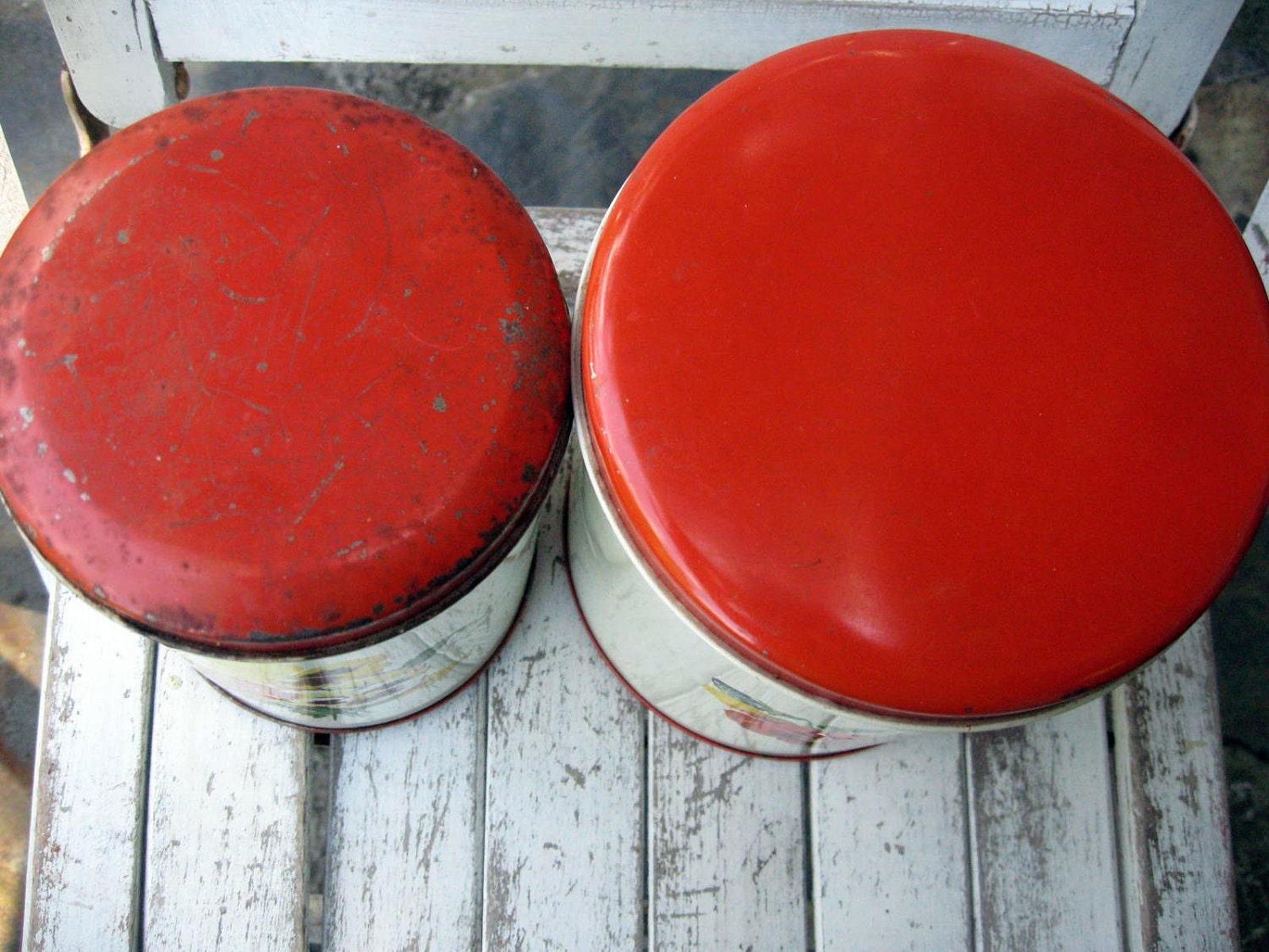 Vintage metal kitchen canisters with pansies, farmhouse kitchen style, 1950's