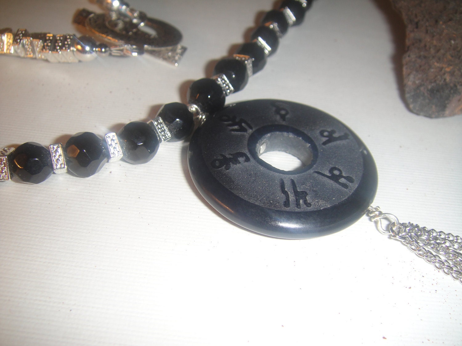 Carved Black Onyx Chinese Coin Necklace