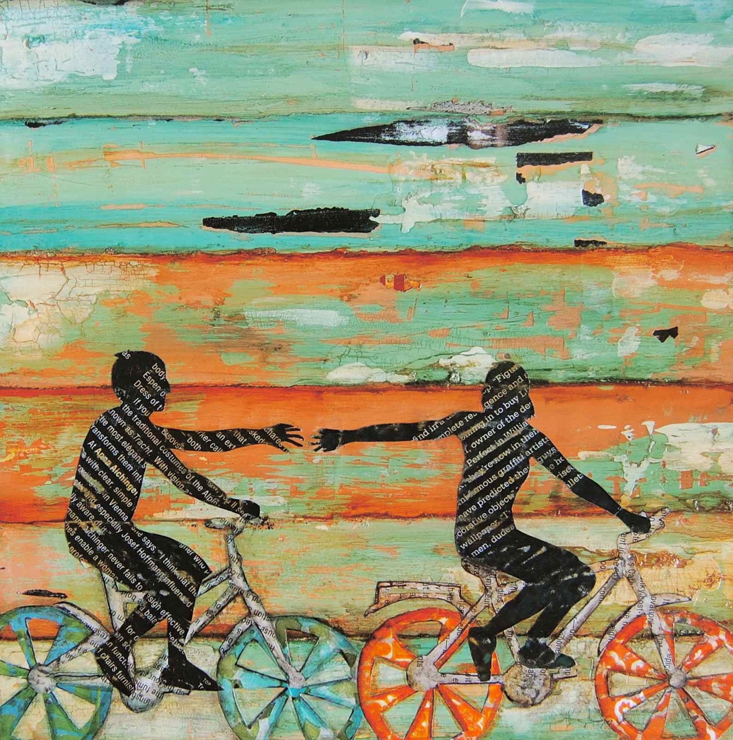 Bicycle play- romantic couple reach out hands - "The Chase"  - Fine Art Print 8x10