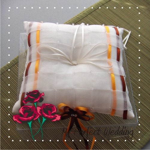 Ivory Ring Bearer Pillow - Orange and Brown Satin Ribbon
