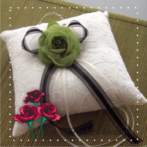 Ivory Ring Bearer Pillow - Sage Rose and Black Organza Ribbon