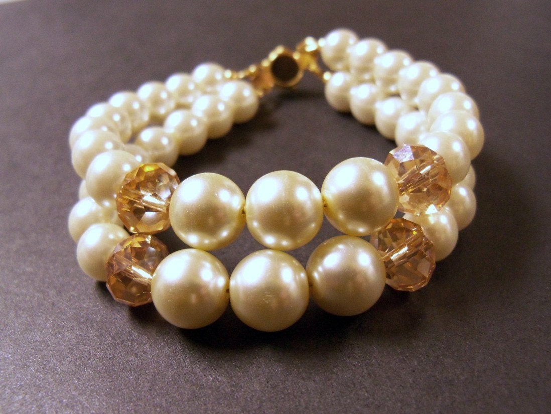 set of 6 Double strand Swarovski light creamrose pearls and champagne crystals bracelet and earrings set