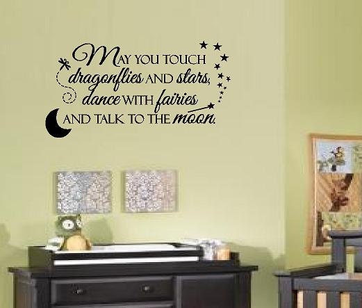 Childrens Wall Decal - Childs Inspirational Quote Vinyl Wall Decal with Moon Stars Wand and Dragonfly 22h x 36w BA0036