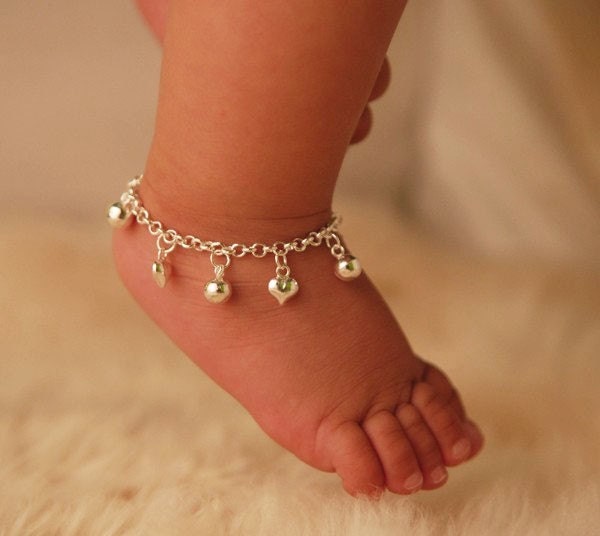 Sterling Silver Jingle Bells and Hearts Anklet For Baby
