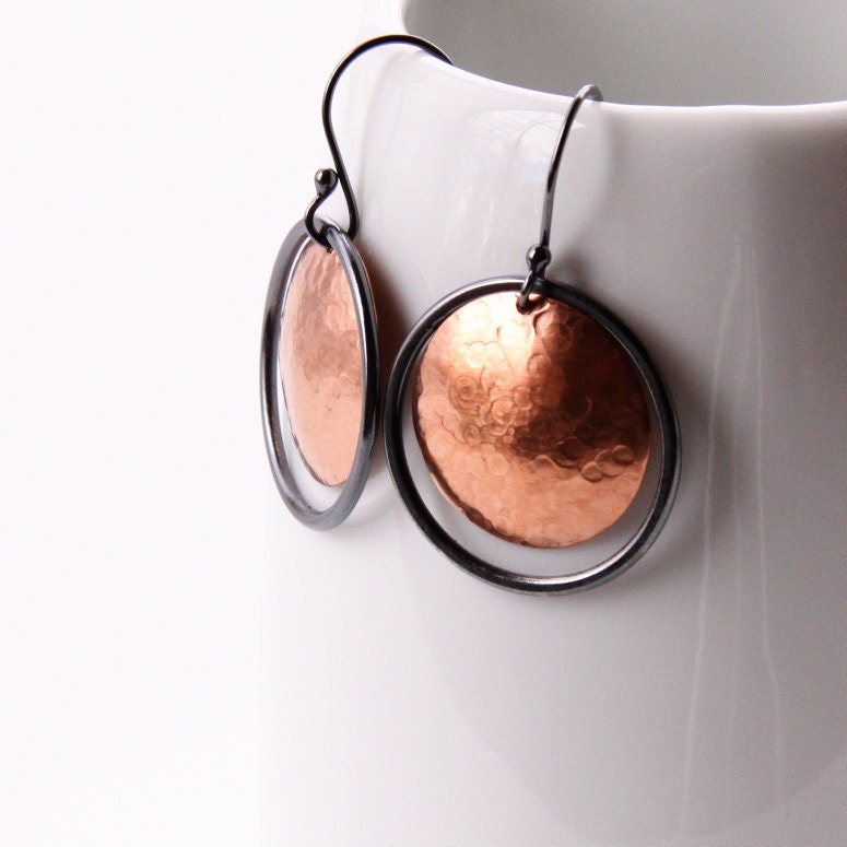 Sleek mixed metal earrings, bright copper paired with charcoal silver in a super edgy and dramatic design - "Burn Earrings"