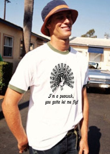 Large Funny THE OTHER GUYS Mens White Green Ringer tee T Shirt I'm a Peacock you gotta let me fly movie quote line got to lime clover baseball sporty comfortable handsome alternative retro vintage feel fit gift present idea comedy hilarious