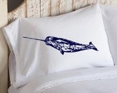 Navy Blue Narwhal whale White Nautical Pillowcase cover pillow case fish unicorn