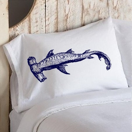 Two (2) Navy Blue Hammerhead Shark White Nautical Pillowcases cover pillow case