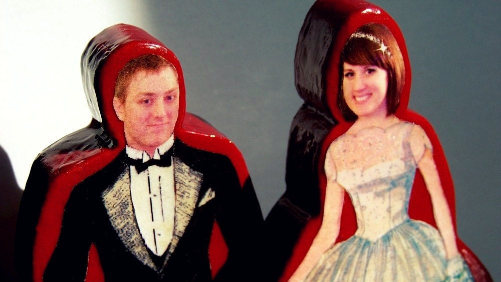 2 custom photo wood WEDDING couple figures bride groom Custom UNIQUE gift top red ad art retro block ooak rare doll ARCHIVAL mantel decor
