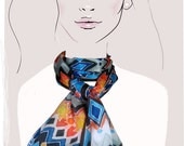 Hand painted silk scarf (Blue, Orange geometric):  Sunshine on the Mountain