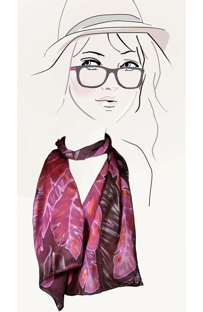 Hand painted silk scarf (Pink and Copper feathers):  Shimmering Feathers