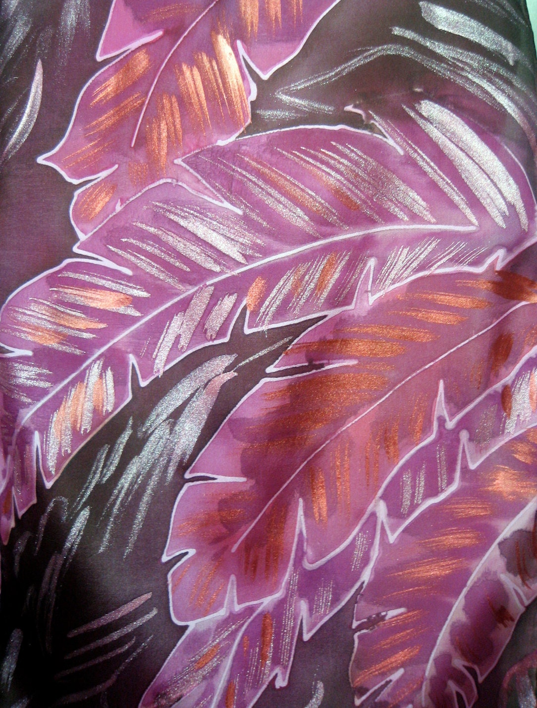 Hand painted silk scarf (Pink and Copper feathers): Shimmering Feathers