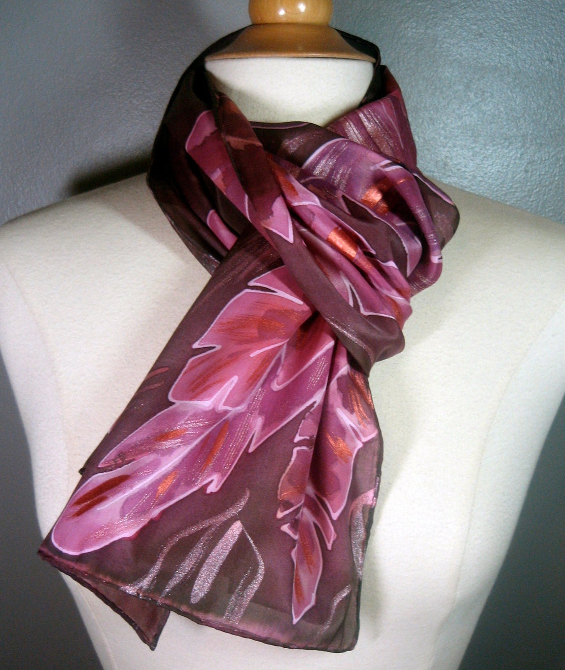 Hand painted silk scarf (Pink and Copper feathers): Shimmering Feathers