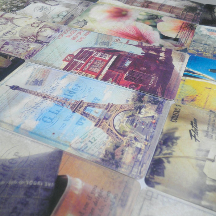 Postcard set vintage style travel Paris London cottage shabby chic