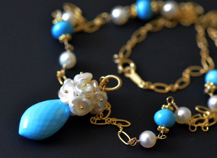 Breathtaking Sleeping Beauty Turquoise Necklace - Cluster of Keishi Pearls - AAA Freshwater - 14k gold filled and 24k vermeil