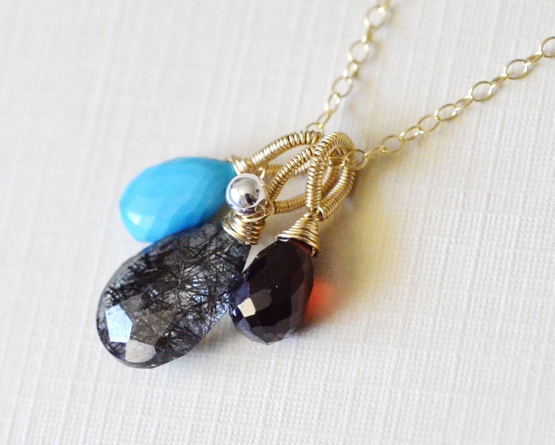 Multi Gemstone 14k gold filled necklace - Black Rutilated Quartz, Garnet, Turquoise - Wire Wrapped -Sterling Silver Round - Freshwater Pearl
