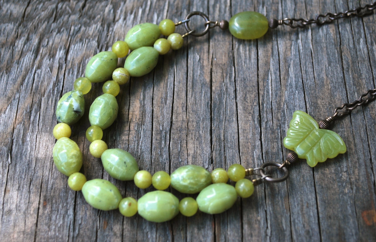 Serpentine and Vintaj Brass Necklace with Carved Butterfly - New Jade