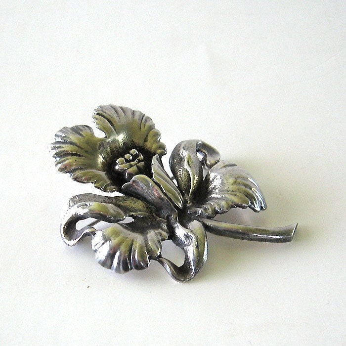 Iris Brooch Sterling Silver Flower Vintage Large Pin