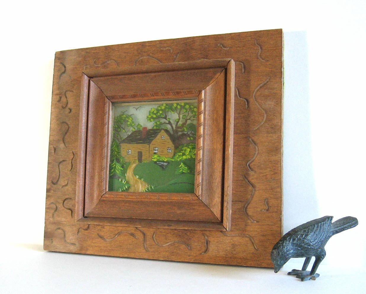 Folk Art Cabin Painting 4 Layers of Glass Primitive Handmade