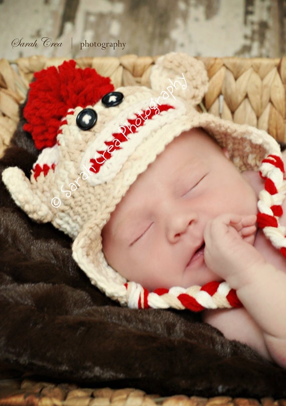 Crochet Baby Sock Monkey Hat, Newborn Sock Monkey Hat, Crochet Sock Monkey hat, Crochet Baby Hats, Baby Boy Hats, MADE TO ORDER