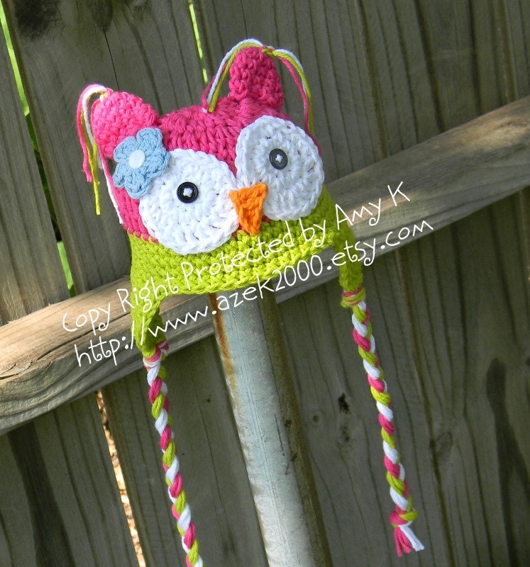 Baby Girl, Owl Hat, Crochet Baby Hats, Baby Girl Owl Hat, 2T to 6T, Baby Hats, Pink, Green, MADE TO ORDER