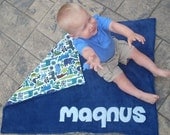 Personalized Baby Stroller Blanket with Zoo Animals in Navy Fleece