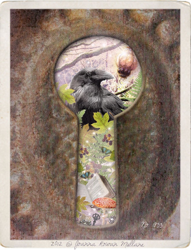 Ravens Treasure Ethereal Dreamy Photograph, Raven Art, Crow Art,  Woodland Print, Vintage Keyhole, Tree Branches, Doorway to Fairy, 8.5x11