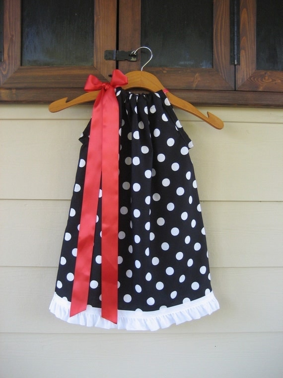 Black Polka Dot Pillowcase Dress with Red Ribbon - sizes 3m to 6T.....PERFECT for COLLEGE FOOTBALL