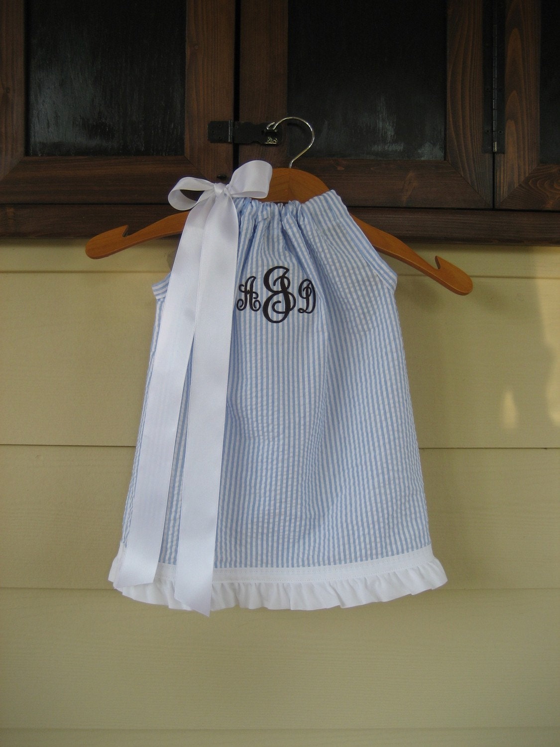 Brother Sister Blue Seersucker Set - Monogrammed Pillowcase Dress and Tie Shorts Set - sizes 6m - 5T....PERFECT for the BEACH