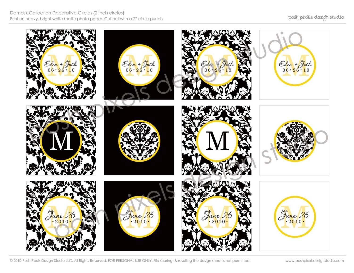 WEDDING - Printable Party Circles - 2 inch - Bridal Shower - Black and White - DIY Damask Collection - by Make Life Cute Il_570xn