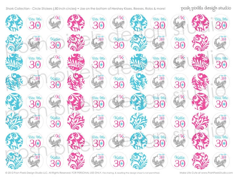 BIRTHDAY - Printable Candy Stickers - Hot Pink and Turquoise - Shark - DIY Bite Me Collection - by Make Life Cute Il_570xn